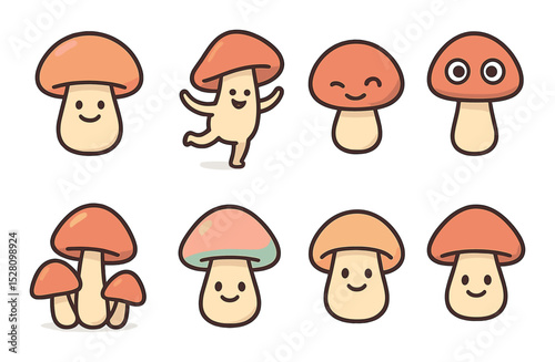 Cartoon Mushrooms Concept isometric set. Smiling mushroom, dancing fungi, winking cap, mushroom with eyes, cute trio cluster, pastel-colored shroom.