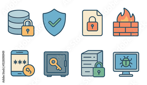 Data Security Concept isometric set. Locked database, shield with checkmark, encrypted file, firewall icon, two-factor icon, key vault, secure server.