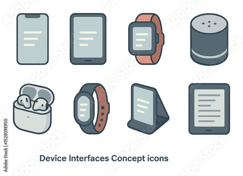 Device Interfaces Concept isometric set. Smartphone, tablet, smartwatch, smart speaker, wireless earbuds, fitness tracker, foldable phone, e-reader