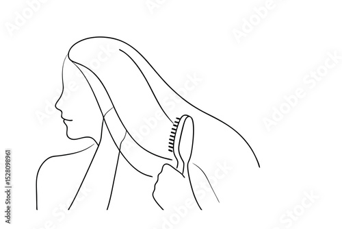 Woman brushing long hair line drawing illustration