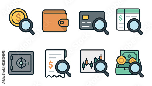 Search in Finance Concept isometric set. Coin magnifier, wallet scan, credit card inspection, budget spreadsheet, bank vault, receipt with lens, stock