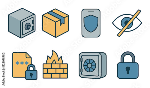 Closed Security Concept isometric set. Closed safe, sealed package, privacy mode, closed eye icon, encrypted data, firewall active, closed vault, secured