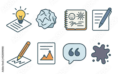 Creative writing notes isometric set. idea bulb over paper, crumpled draft page, open notebook with doodles, pen on poem page, pencil with sketchy lines.
