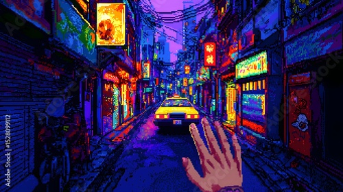 Vibrant Night Street Scene with Neon Lights and Retro Taxi Cab