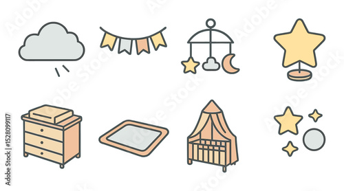 Baby Room Decor Concept isometric set. Cloud wall light, name banner, baby mobile, star lamp, dresser with changing pad, pastel rug, crib canopy, wall