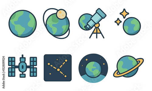 Astronomy & Space Concept isometric set. Earth from space, moon orbiting globe, space telescope near Earth, stars over planet, international space icon.