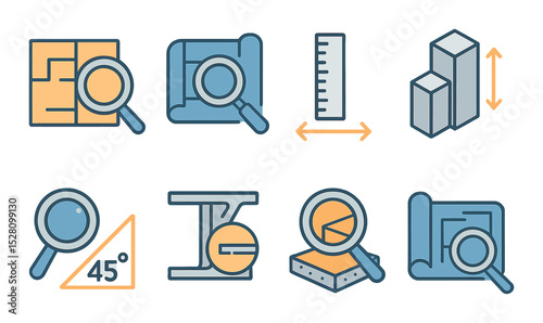 Architecture & Blueprint Scaling Concept isometric set. Floorplan zoom, blueprint lens, scale ruler, building model resize, angle zoom, structure detail.