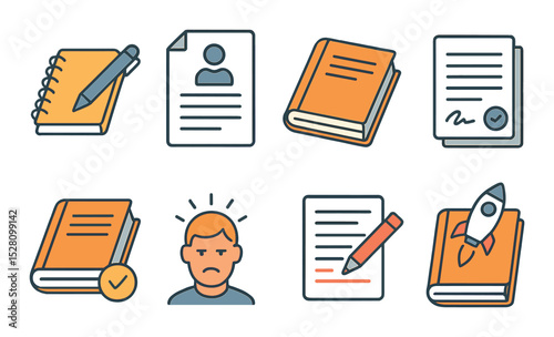 Writing and publishing isometric set. notebook and pen, author’s manuscript, book draft, publishing contract, printed proof, writer’s block icon, editing