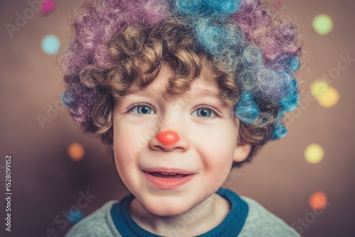 Boy in clown wig having a blast and jumping for joy on his day of birth