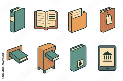 Library collection icons isometric set. library book label, catalog book, checkout card, reserved book tag, return slot book, book drop icon, book with