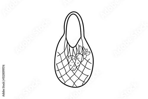 Line drawing of string bag with vegetables