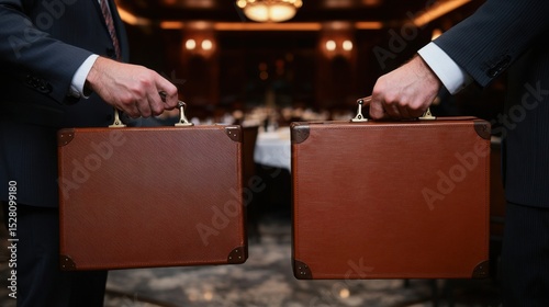 Business Meeting in High-End Restaurant with Briefcases, Underworld Connections, Mysterious Atmosphere, and Formal Attire