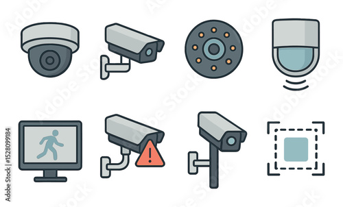 Security Camera Concept isometric set. Dome camera, CCTV wall mount, night vision lens, motion sensor, surveillance footage icon, camera with alert.