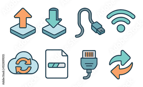 Data Transfer Concept isometric set. Upload icon, download icon, data cable, wireless signal, cloud sync, file transfer bar, network plug, transfer arrows