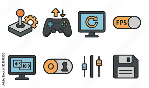 Game settings icons isometric set. joystick with gear, controller setup, screen refresh icon, FPS toggle, resolution setting, game mode switch, audio