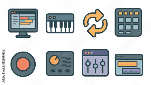 Music production tools isometric set. DAW screen, MIDI keyboard, loop icon, beat pad, record button, reverb effect, plugin window, track timeline