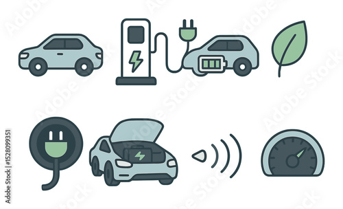 Electric vehicles isometric set. EV car icon, plug-in charger, battery indicator on car, green leaf symbol, charging port open, electric motor under hood.