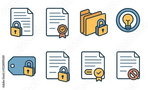 Legal Protection Concept isometric set. Lock on contract, sealed document icon, law folder with padlock, intellectual property symbol, protected content