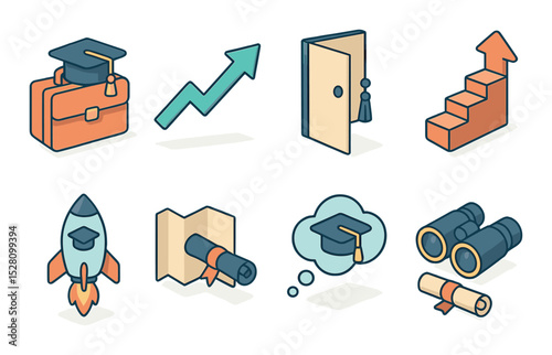 Grads and future pins isometric set. suitcase and cap, rising arrow, open door with tassel, stairs of success, graduation rocket, map and scroll, dream