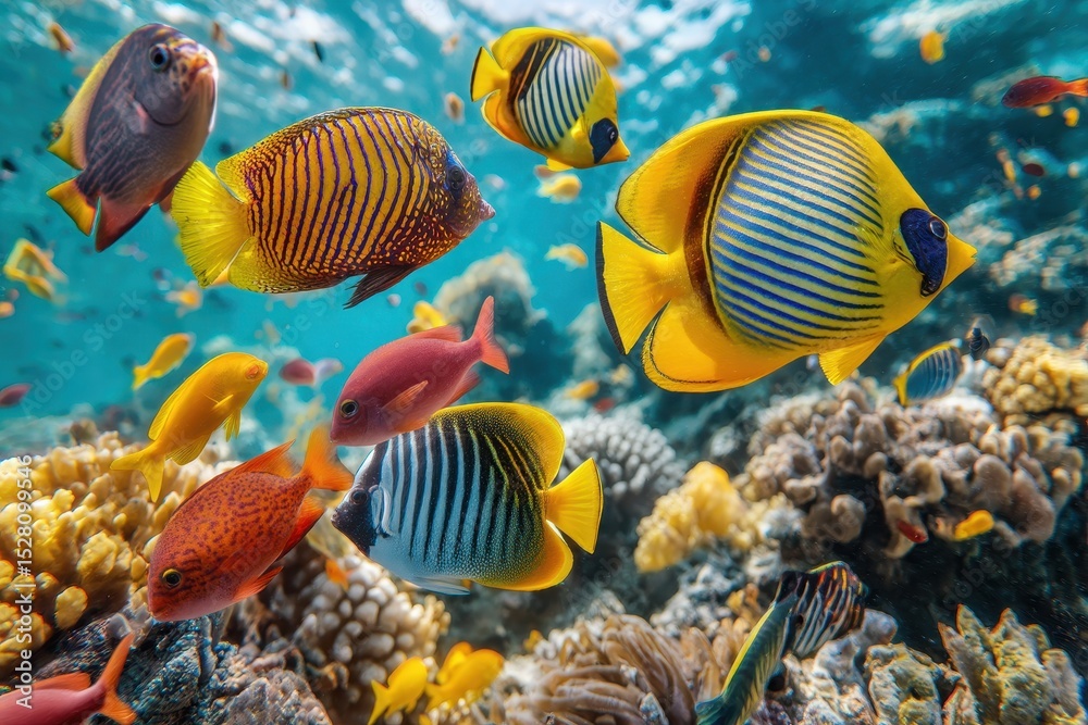 Fototapeta premium Diverse marine life thrives in a colorful underwater environment of reefs and coral