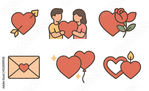 Romantic heart icons isometric set. heart with arrow, couple holding heart, heart with rose, love letter with heart seal, sparkling heart, heart-shaped