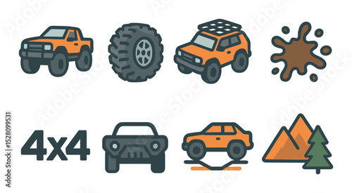 Off-road vehicles isometric set. lifted truck, all-terrain tires, roof rack, mud splash effect, 4x4 icon, rugged bumper, ground clearance lines, outdoor