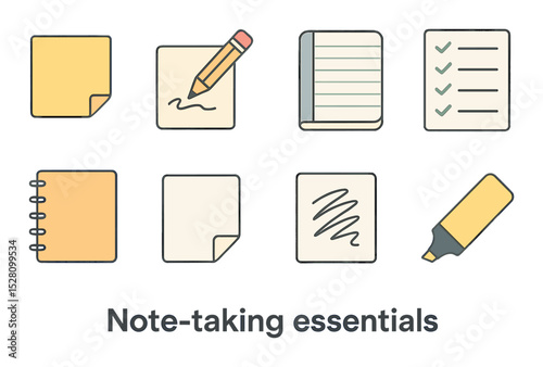 Note-taking essentials isometric set. sticky note, pencil on paper, lined notepad, checklist with tick marks, spiral notebook, paper with folded corner.