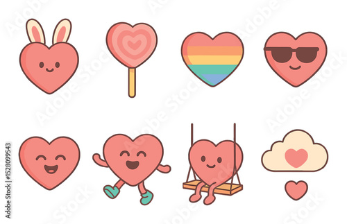 Cute and playful hearts isometric set. heart with bunny ears, heart-shaped candy, heart wearing sunglasses, rainbow heart, giggling heart, dancing heart