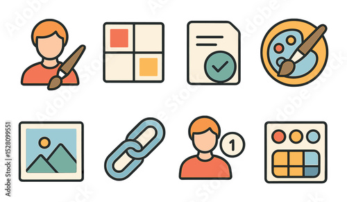 Artist Profile Concept isometric set. Avatar with paintbrush, portfolio grid, commission status, art tools badge, gallery preview, social link icons.