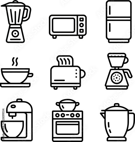 Line art illustration of various kitchen appliances in a grid pattern