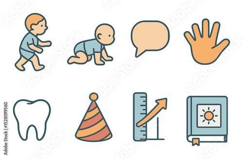 First Year Milestones Concept isometric set. First steps icon, crawling baby, first word bubble, baby handprint, tooth icon, birthday hat, growth chart.