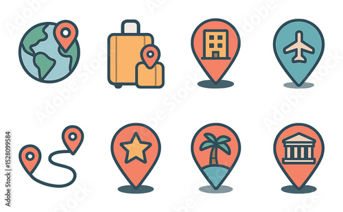 Travel and tourism isometric set. globe with pin, suitcase and location icon, hotel pin, airport marker, travel route icon, sightseeing star pin, location