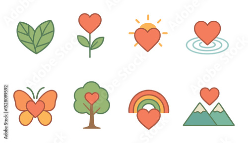 Nature-inspired hearts isometric set. heart made of leaves, heart-shaped flower, sun and heart, heart in water ripple, butterfly heart, tree with heart