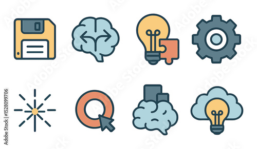 Cognitive Functions Concept isometric set. Memory icon, decision-making brain, problem-solving lightbulb, logical thinking gear, creativity spark.