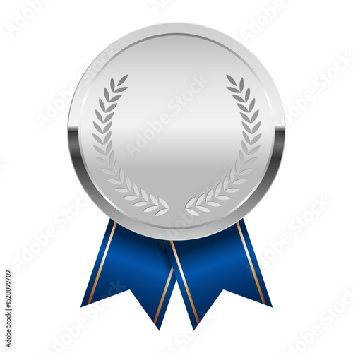 Silver award medal with blue ribbons for sport and games