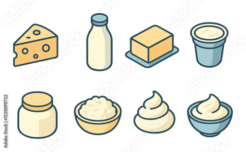 Dairy Products Concept isometric set. Cheese wedge, milk bottle, butter block, yogurt cup, cream jar, cottage cheese, whipped cream swirl, sour cream bowl