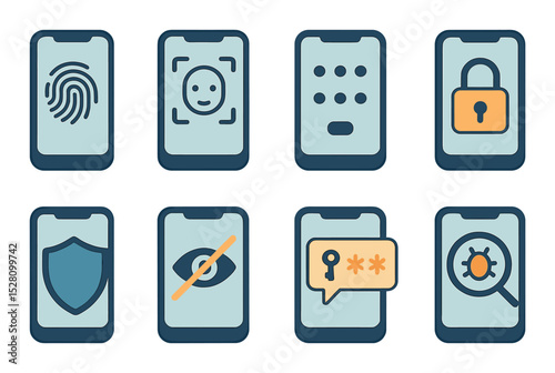 Phone security icons isometric set. fingerprint unlock, face ID, passcode screen, locked phone, shield with phone, privacy mode icon, two-factor