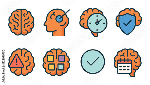 Focus & Productivity Concept isometric set. Sharp brain, laser focus icon, time management brain, distraction shield, alert mind, organized cortex, clarity