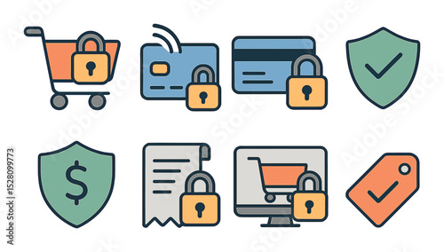 E-commerce Security Concept isometric set. Lock on cart, secure payment icon, card with padlock, buyer protection badge, transaction shield, lock on