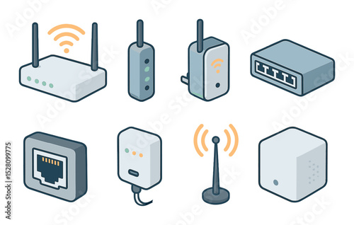 Networking Devices Concept isometric set. Wi-Fi router, modem, signal booster, network switch, ethernet port, data hub, antenna, mesh node