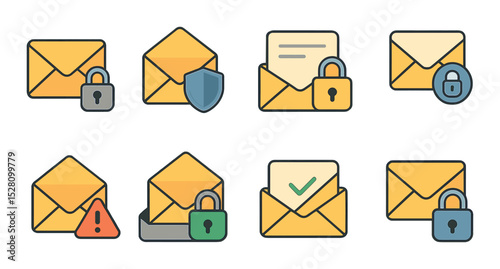 Secure email icons isometric set. lock on envelope, shield mail, encrypted message icon, two-factor envelope, phishing alert, secure inbox, verified sender