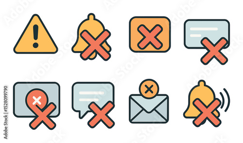 Closed Notifications Concept isometric set. Dismiss alert, clear bell icon, hide badge, remove toast message, silence popup, blocked message, closed email