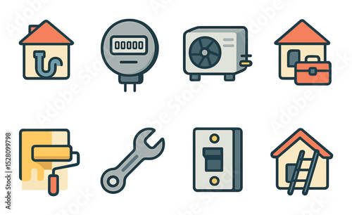 Household utilities and maintenance isometric set. house with plumbing pipe, electric meter, HVAC unit, toolbox beside house, paint roller on wall, home