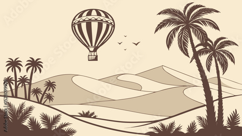 Desert oasis illusion: Pixel-art jungle floating above sand dunes. 16-bit style palm trees (limited 8 colors). Holographic glitch effects. Flat beige desert foreground. Digital mirage concept