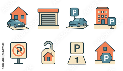 Residential parking isometric set. driveway with car, garage door icon, reserved resident space, apartment parking area, private lot sign, visitor tag