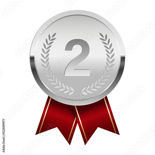 Silver award medal with red ribbons for sport and games