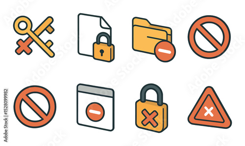 Access Denied Concept isometric set. Crossed key, locked file, restricted folder, no entry icon, forbidden sign, access blocked, padlock with cross.