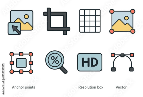 Digital Scaling Concept isometric set. Image resize icon, crop tool, scalable grid, object bounds, anchor points, percentage zoom, resolution box, vector