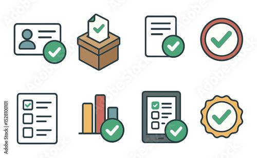 Voting & Poll Check Concept isometric set. Voter card approved, ballot checkmark, poll confirmation icon, vote submitted stamp, survey tick, result