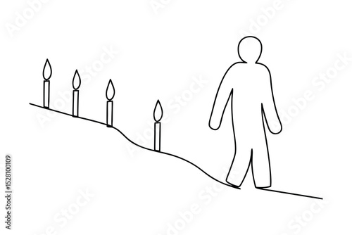 Simple line drawing man walking past dimming candles